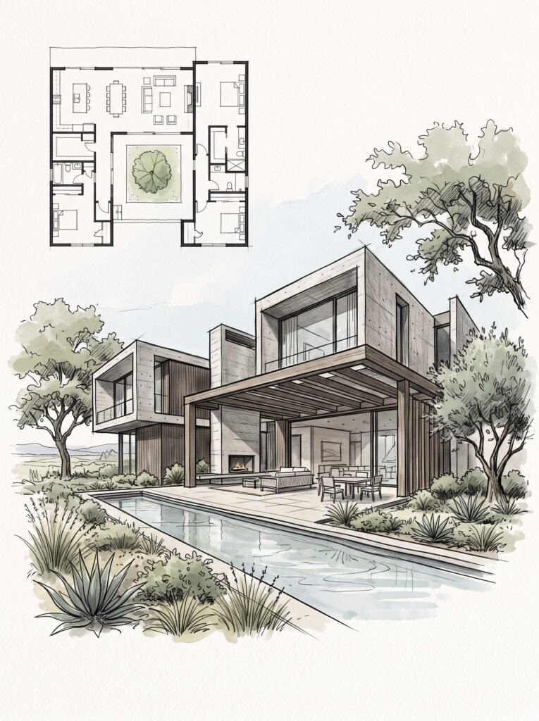 Artistic contemporary house perspective and floor plan architecture sketch