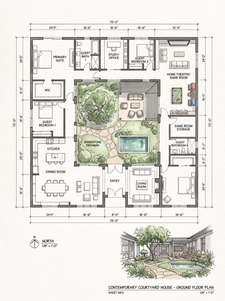 Courtyard house plan sketch with central garden and surrounding rooms