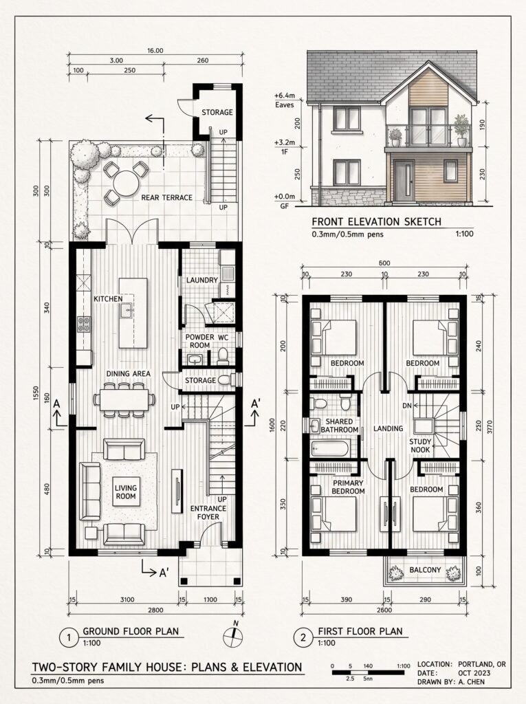 Two-story family house plan sketch with ground and first floor layouts