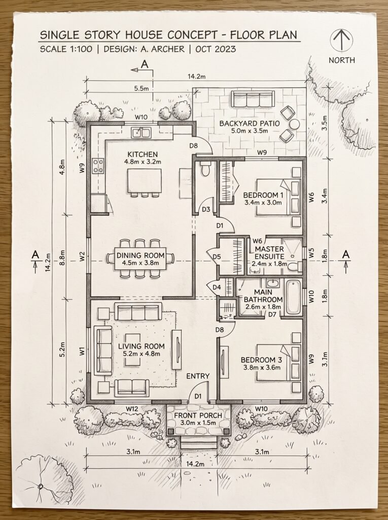 Simple single-story house plan sketch with three bedrooms and open living spaces
