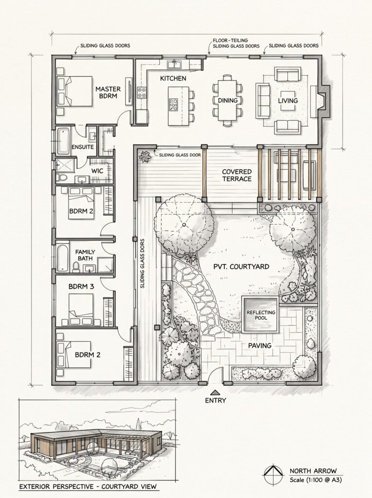 L-shaped modern house plan sketch arranged around a private courtyard