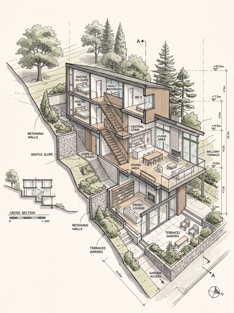 Split-level house plan sketch designed for a sloped site