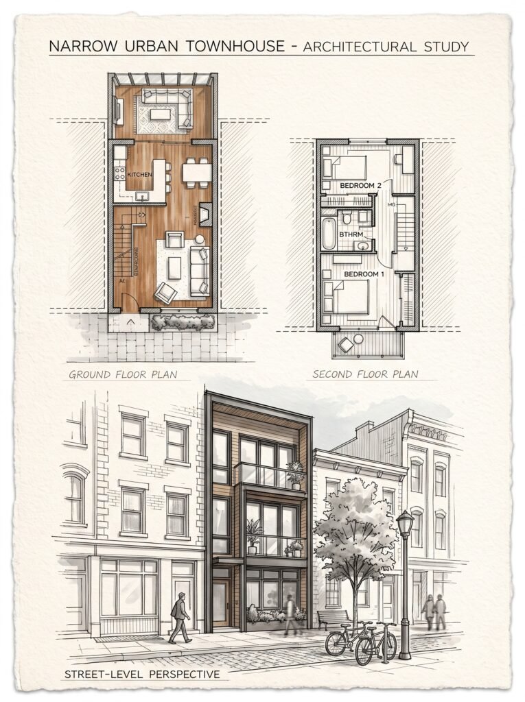 Modern farmhouse floor plan and front elevation architectural sketch