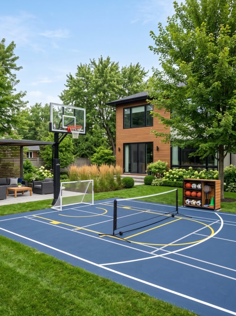 Modern backyard mini sports court with basketball and football areas