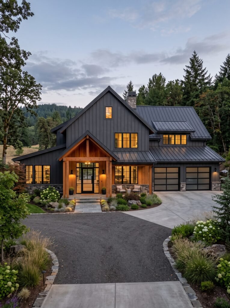 Contemporary barndominium-inspired house front with metal siding and timber