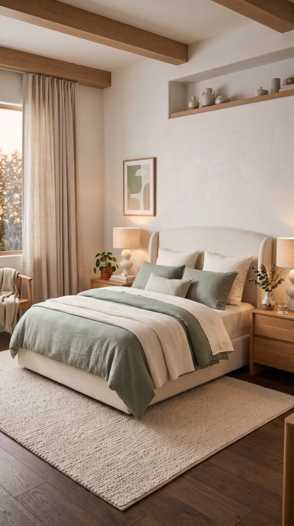 Soft aesthetic bedroom with cream bedding, sage accents, and warm lighting