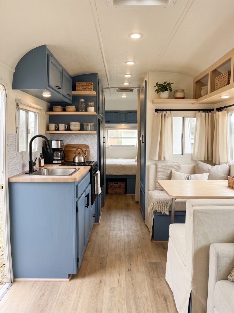 Affordable camper remodel with dusty blue cabinets and light wood flooring