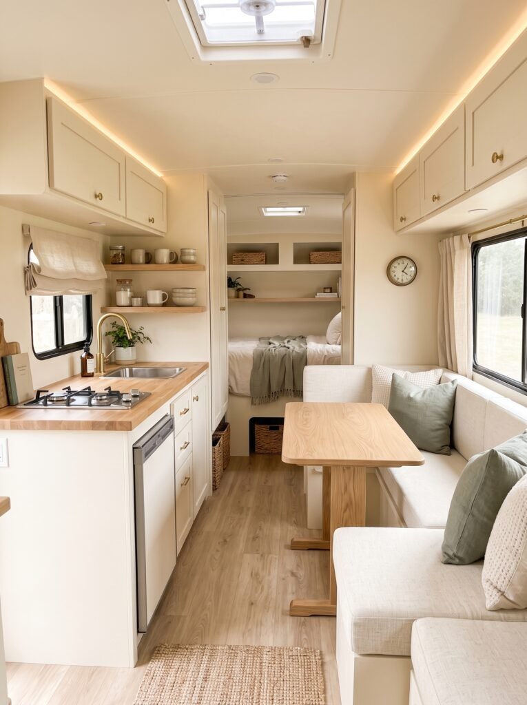 Bright small camper interior with ivory cabinets, pale oak, and sage accents