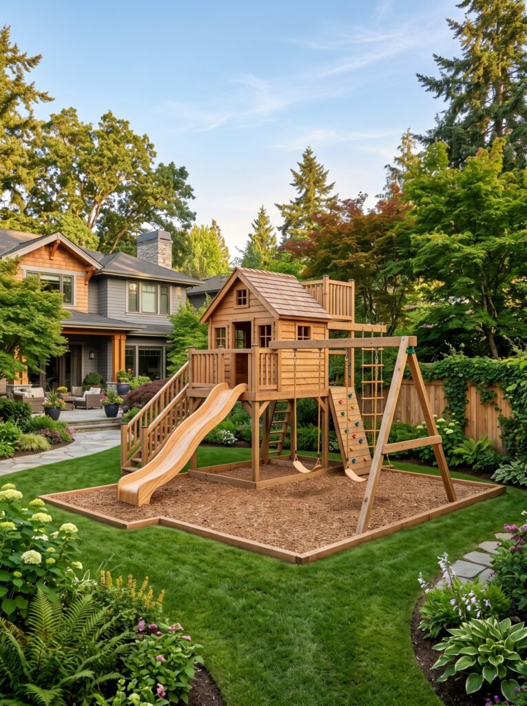 Natural wooden backyard playground with swings, slide, and climbing features