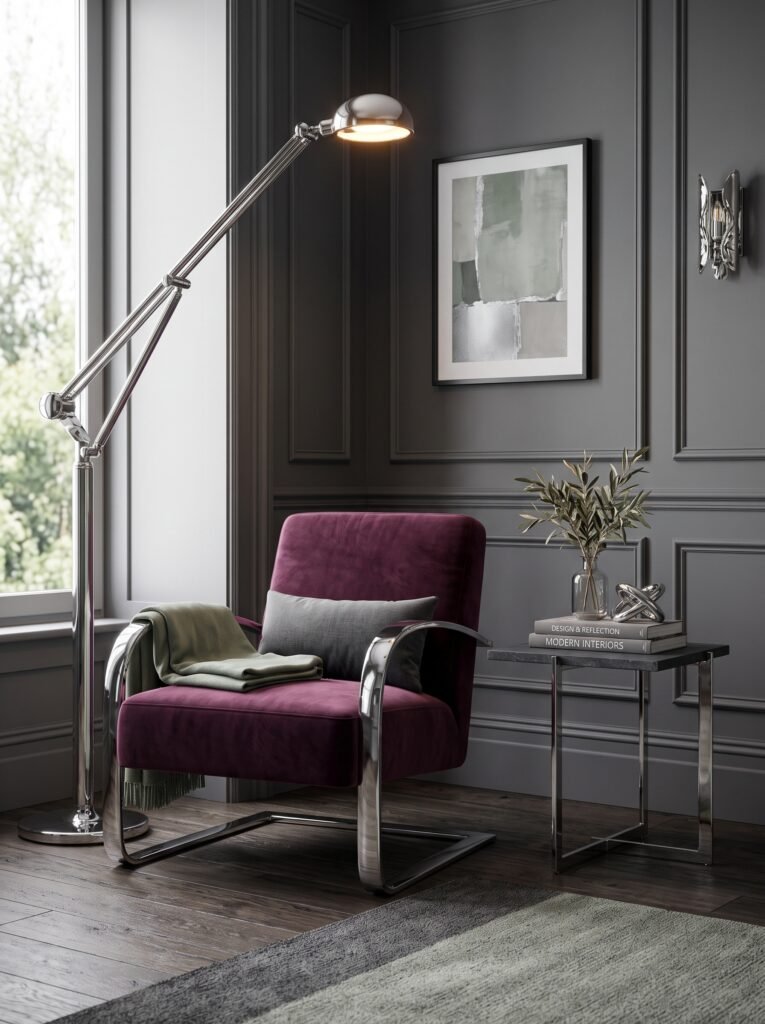 Sophisticated chrome decor featuring a chrome side table, chrome lamp, chrome chair, chrome table, walnut wood, and deep green accents.