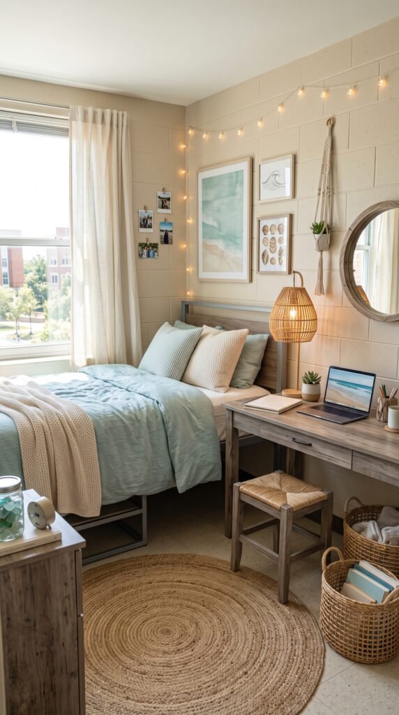 Beachy dorm room with seafoam bedding and natural rattan decor