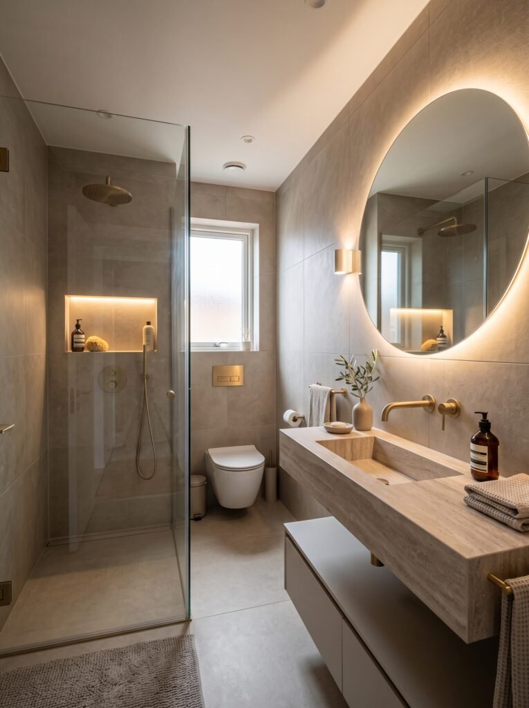 Small modern bathroom with large-format greige tiles and floating vanity