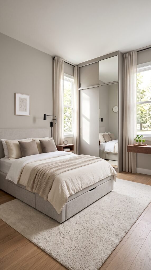 Small modern bedroom with built-in storage and floating bedside shelves