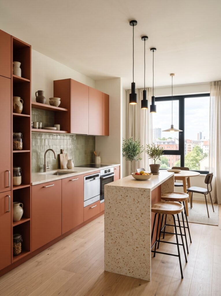 Small open kitchen with terracotta cabinets and compact peninsula