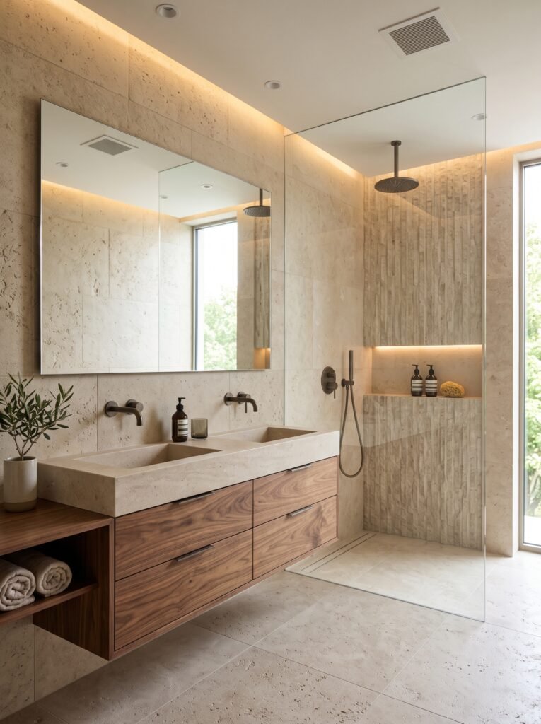 Modern bathroom with warm wood vanity and natural stone walls
