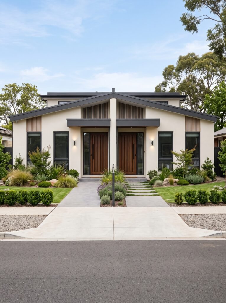 Contemporary single-story duplex house front with two entrances