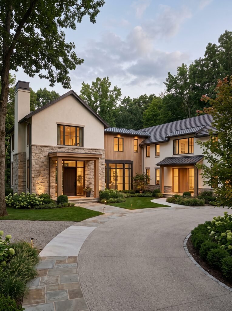 Modern multigenerational family house front with multiple connected volumes