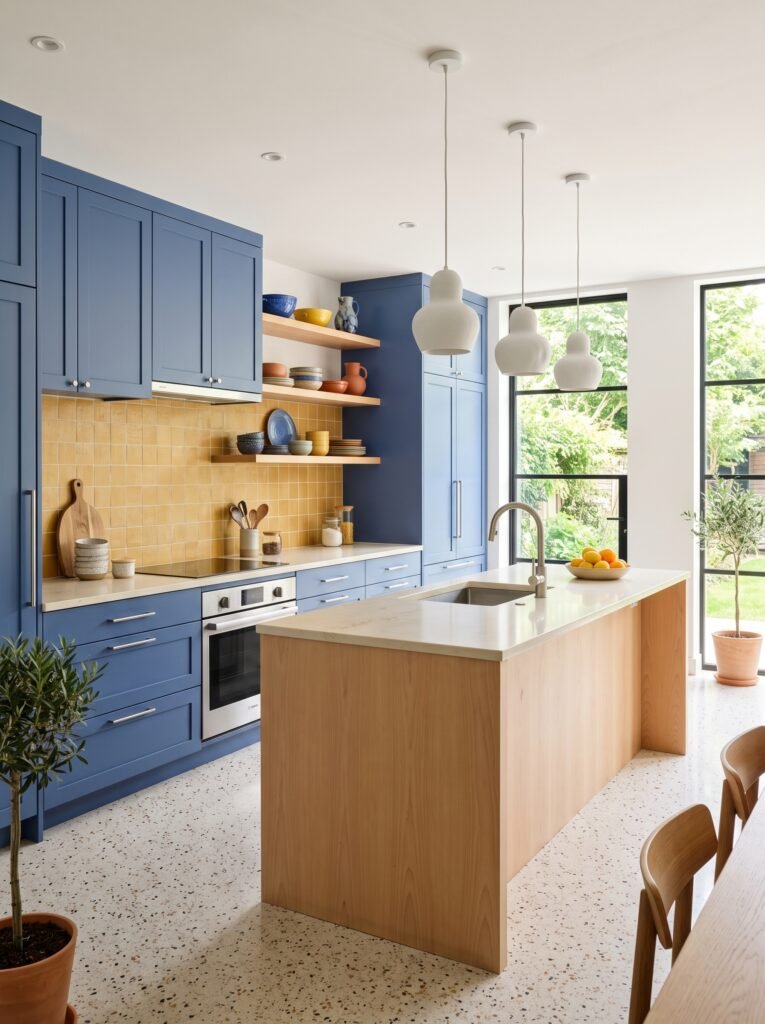 Colorful contemporary kitchen with cobalt cabinets and mustard backsplash