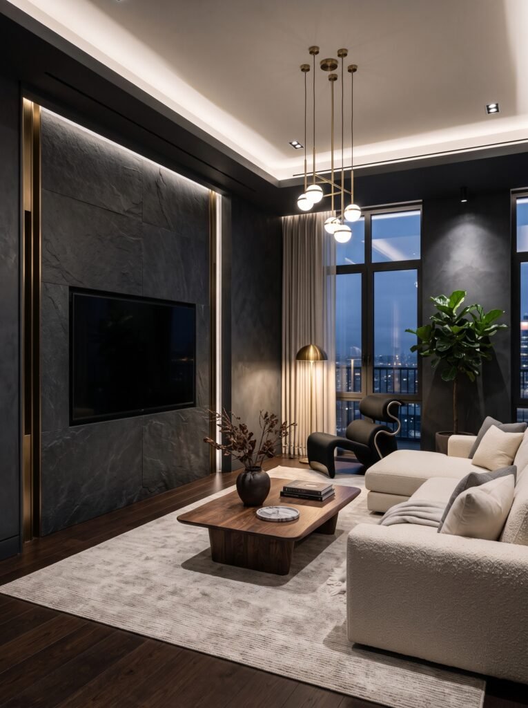 Dark luxury modern living room with charcoal walls and cream sectional