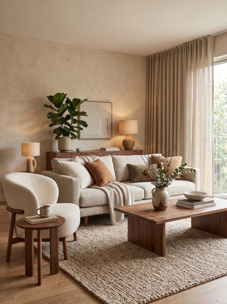 Cozy modern living room with textured sofa, rug, wood, and warm lighting
