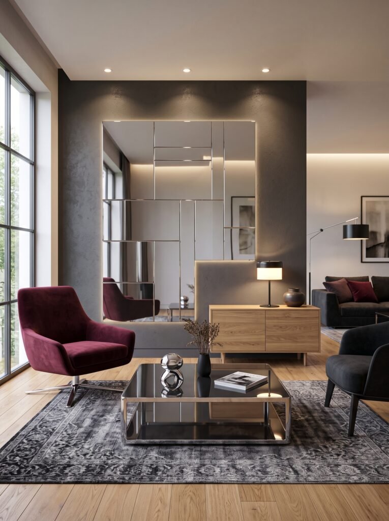 Modern chrome wall with geometric reflective panels, a sleek chrome table, dark seating, natural oak, and burgundy accents.