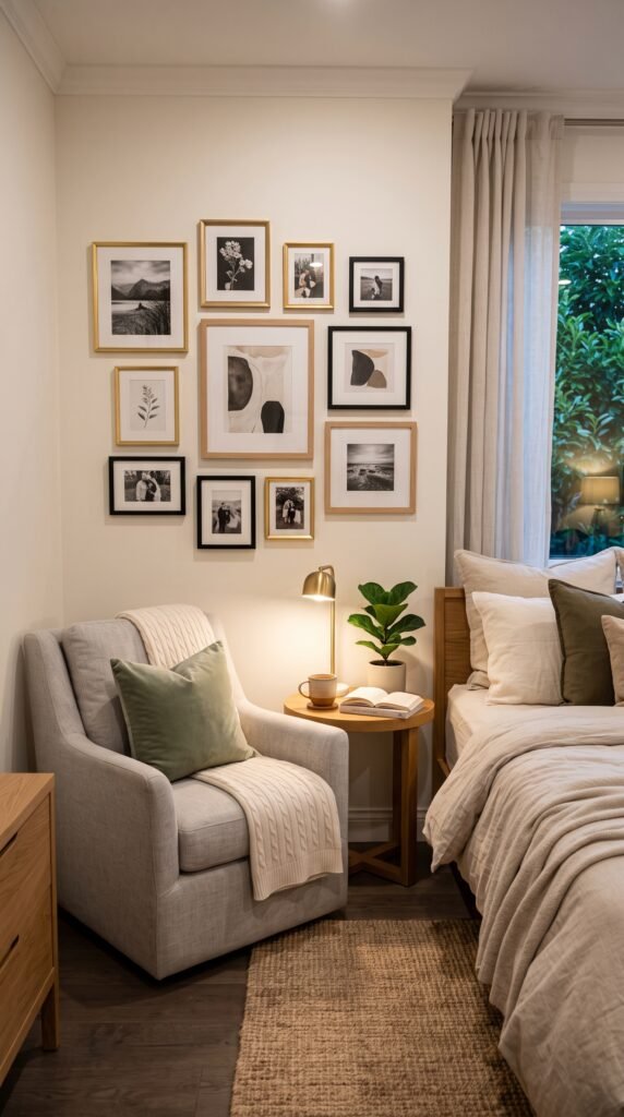 Cozy bedroom picture corner wall ideas with photo frames