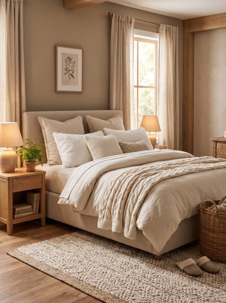 Cozy bedroom with layered bedding, knitted throw, warm lighting, wooden furniture, and soft textures
