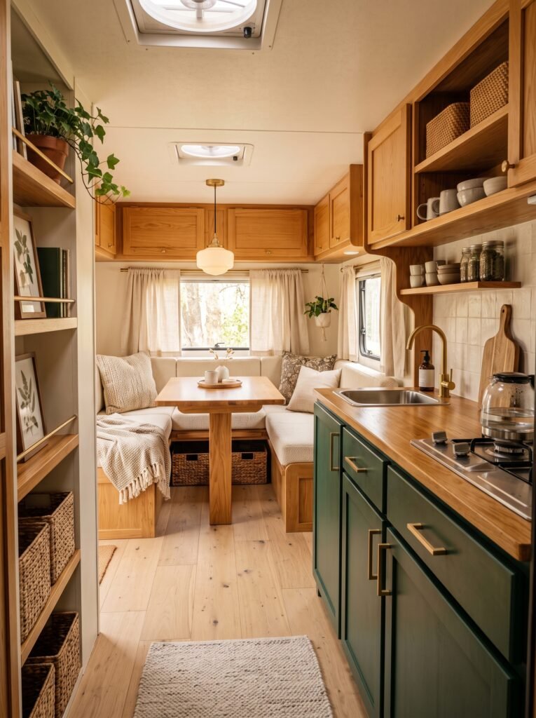 Warm wood camper renovation with forest green cabinetry and cream seating