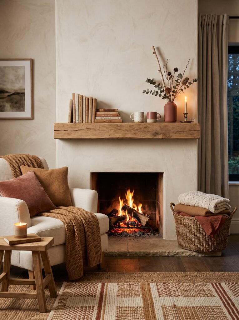 Cozy fireplace with layered books, ceramics, blankets, and warm neutral decor