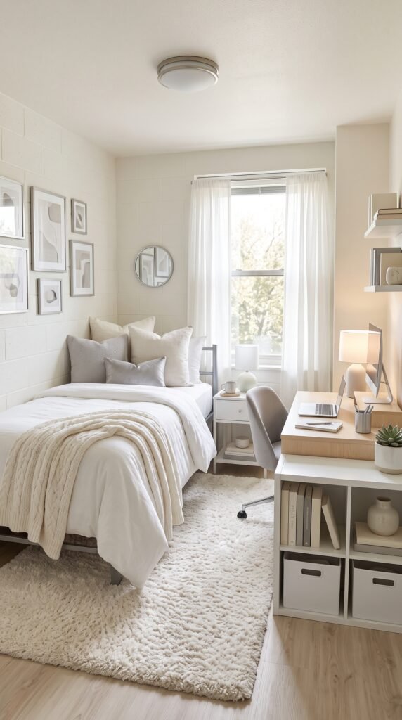 White dorm room with ivory bedding, pale wood, and soft gray accents