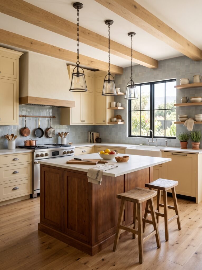 Modern farmhouse kitchen with yellow shaker cabinets and wood island
