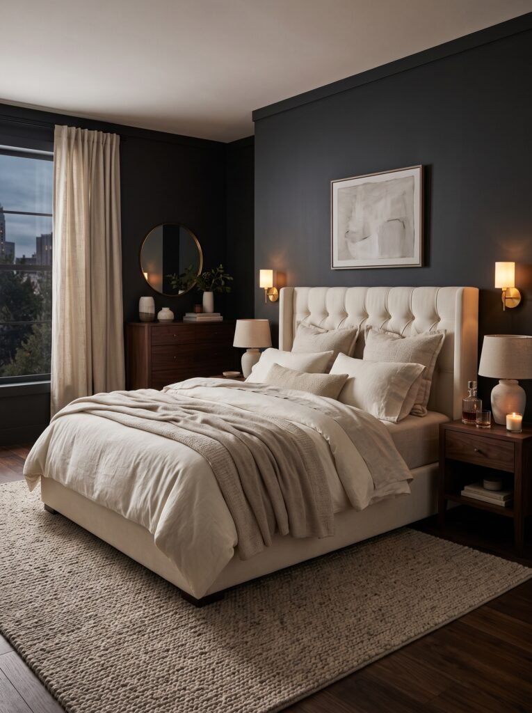 Dark dreamy bedroom with charcoal walls, cream bedding, walnut furniture, and warm brass lighting