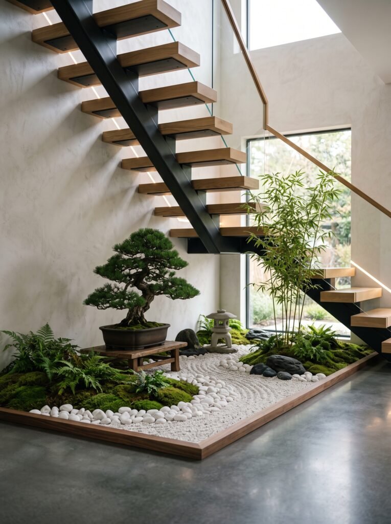 Japanese Zen garden beneath a modern staircase