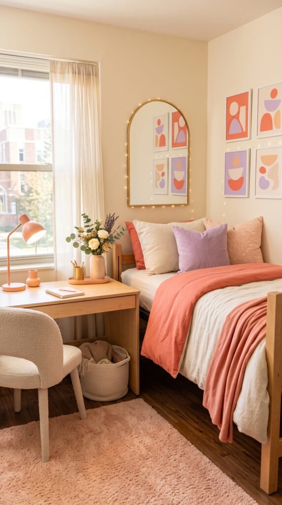 Feminine girly dorm room with coral, lilac, and cream decor