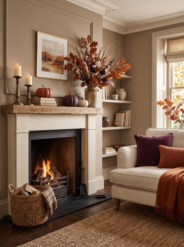 Autumn fireplace decorated with dried branches, ceramics, and warm seasonal colors