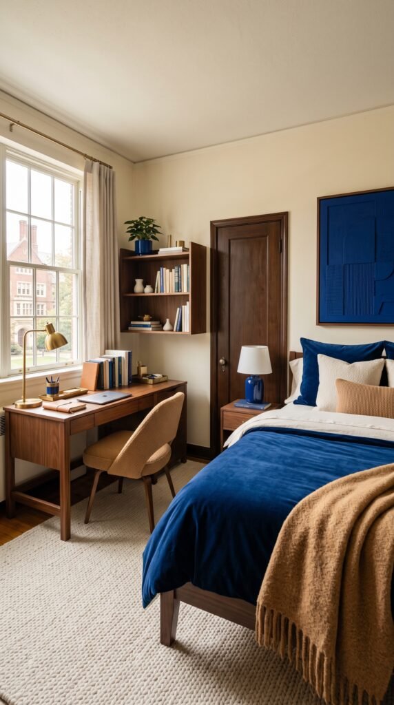 Blue college dorm room with cobalt bedding and walnut furniture