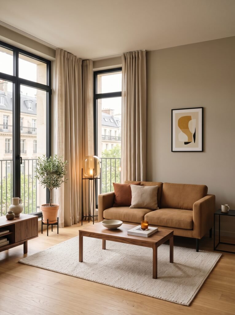 Warm apartment living room with natural wood, soft lighting, and neutral decor