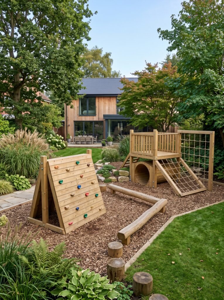 Backyard adventure climbing zone with wooden climbing wall and balance beam