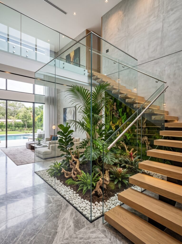 Glass enclosed indoor staircase garden with tropical plants