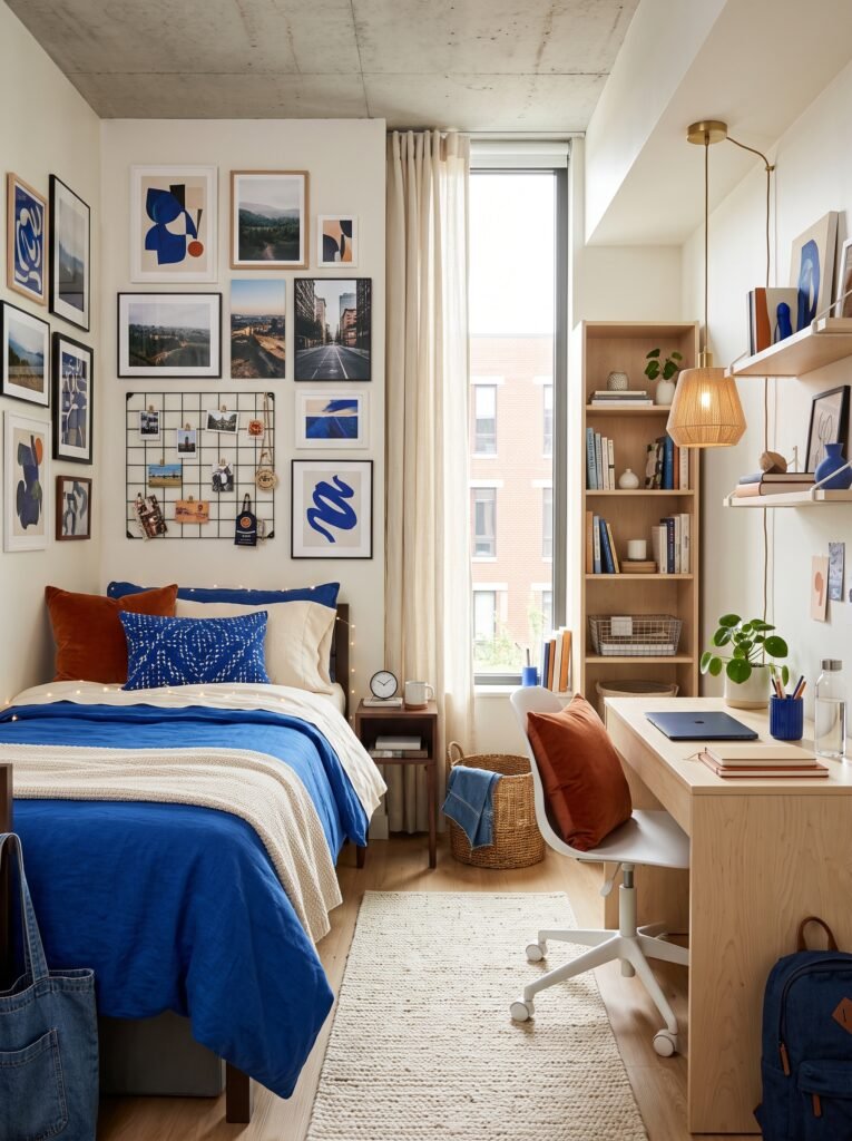  Creative cobalt blue dorm room with gallery wall and orange accents