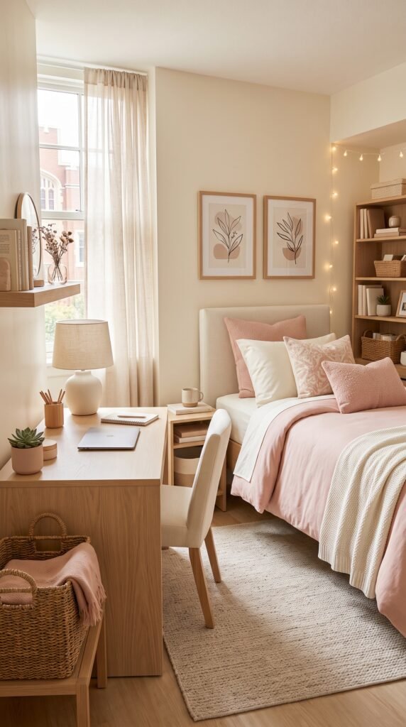 Soft blush pink dorm room with ivory bedding and natural wood furniture