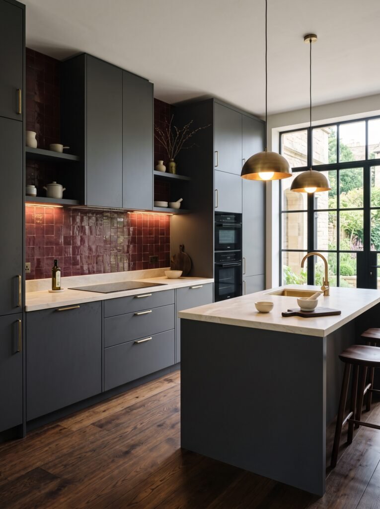 Elegant dark kitchen with charcoal cabinets and burgundy backsplash