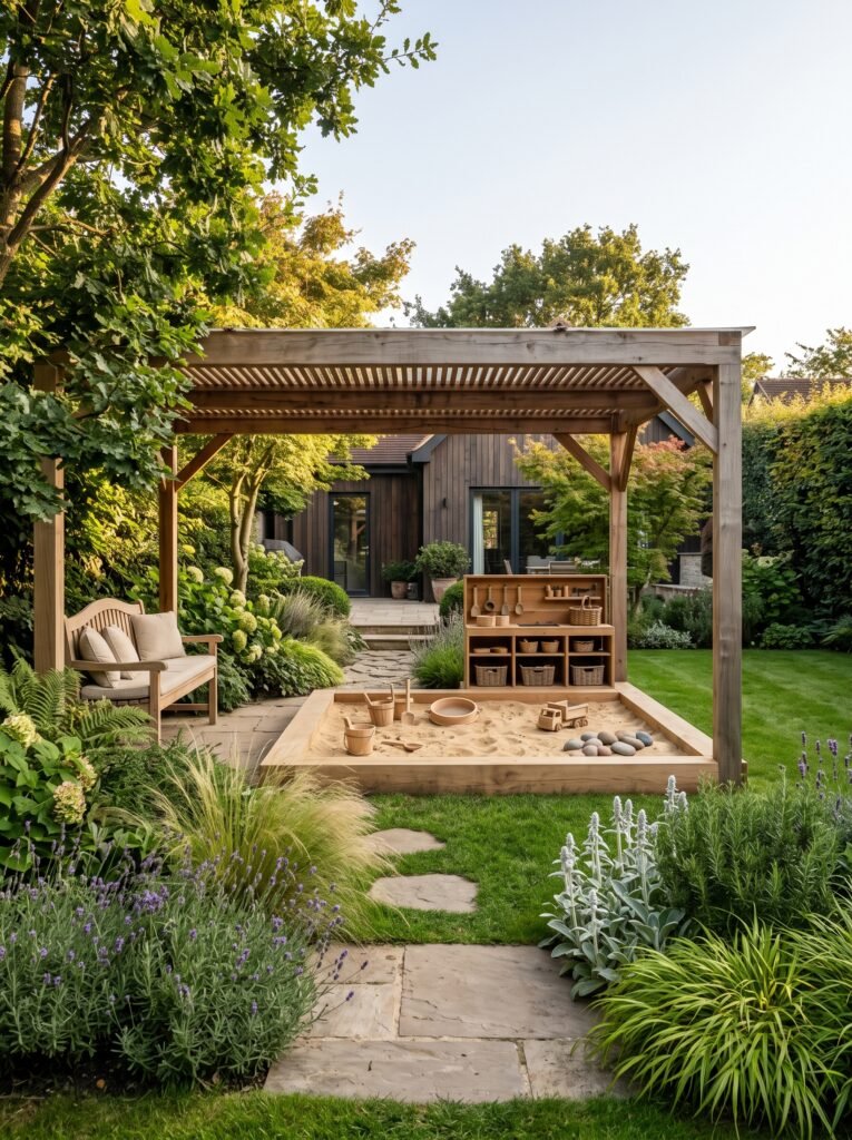 Backyard sandbox with natural sensory garden and children's play area