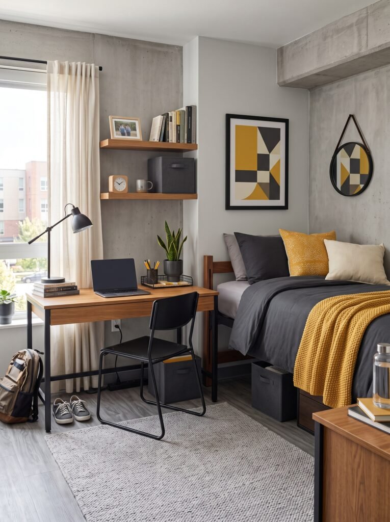 Charcoal and mustard modern dorm room with oak desk