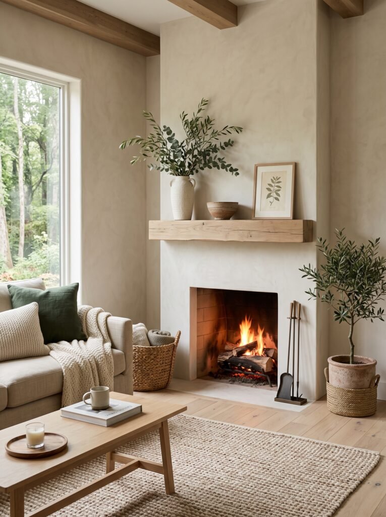 Botanical fireplace decorated with leafy branches and natural materials