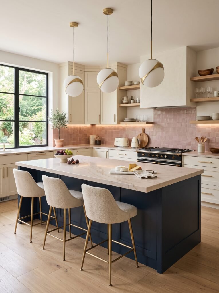 Modern kitchen with navy statement island and ivory cabinets