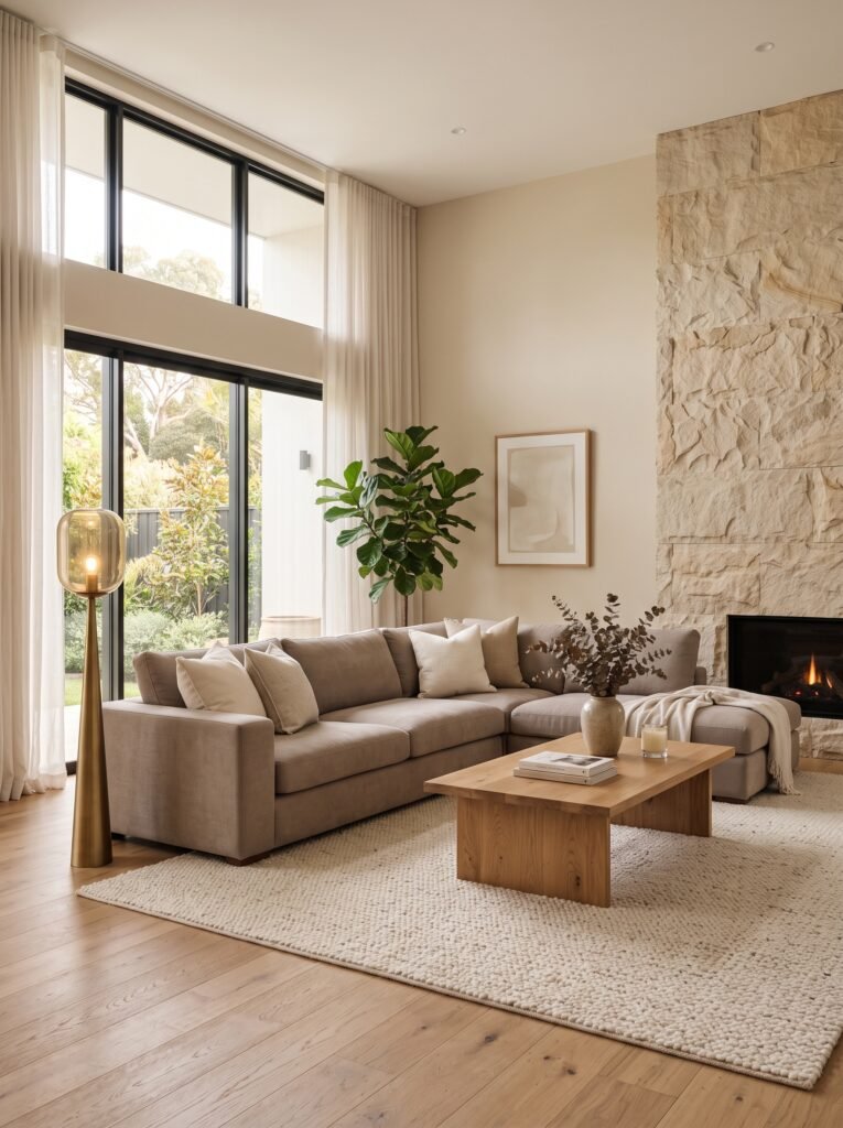 Warm neutral modern living room with taupe sofa and natural wood furniture