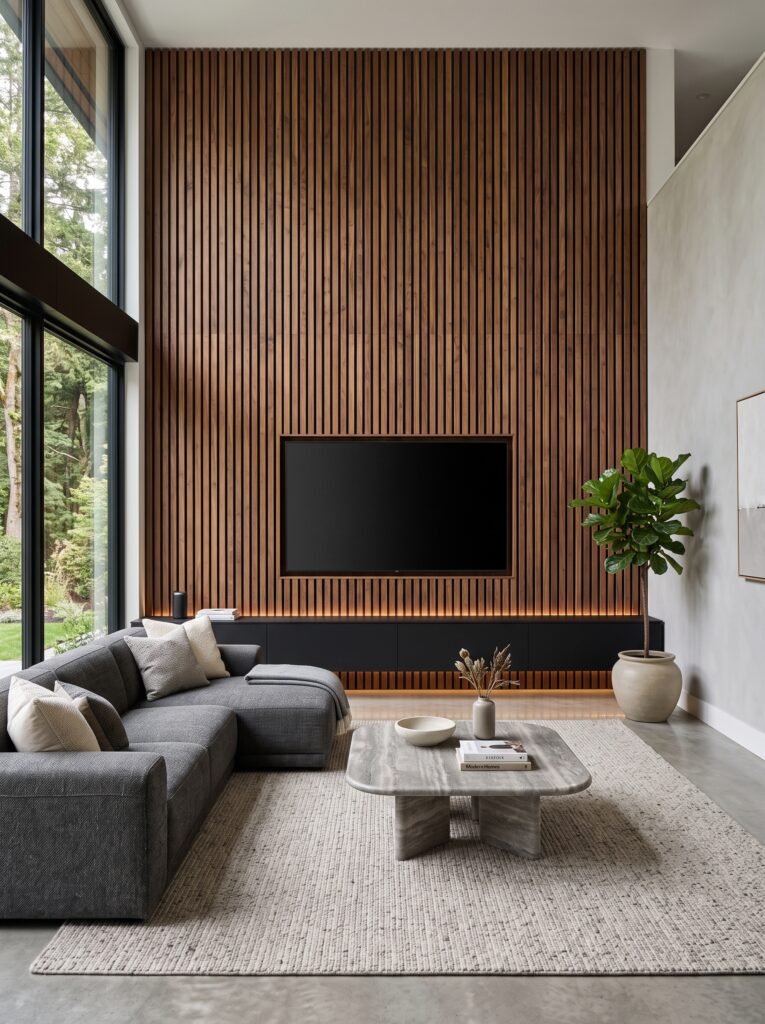 Modern living room with vertical wood slat TV wall and floating cabinet