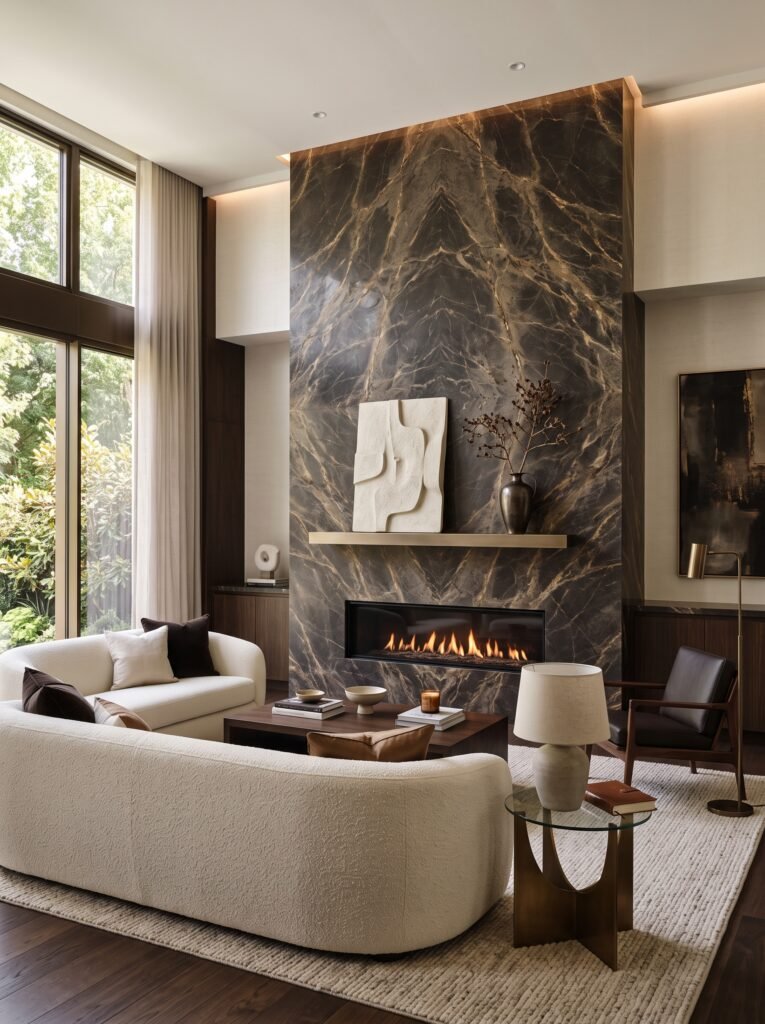  Modern luxury fireplace with dark stone wall and bronze accents