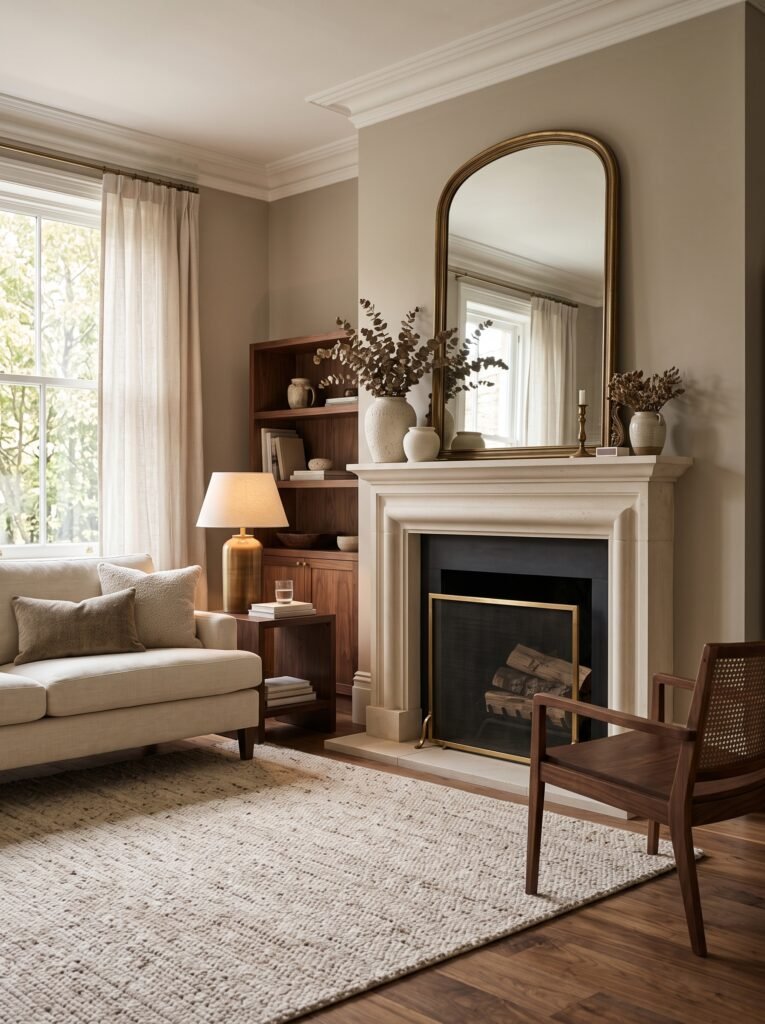 Elegant fireplace with oversized brass framed mirror and neutral mantel decor
